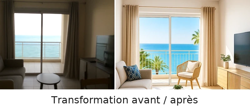 Avant après photos professionnelles Airbnb transformation Côte d'Azur